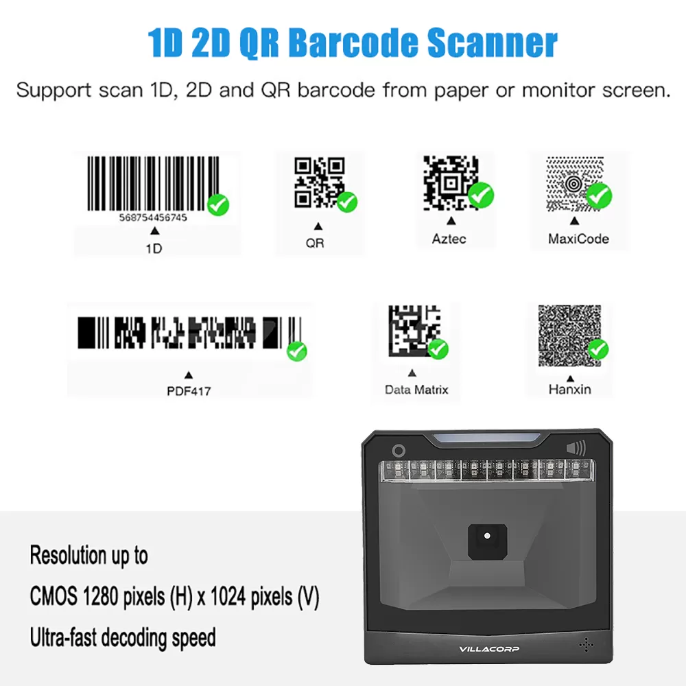 Lector Omnidireccional de Códigos de Barras 1D y QR 2D de Escritorio - Alto Rendimiento